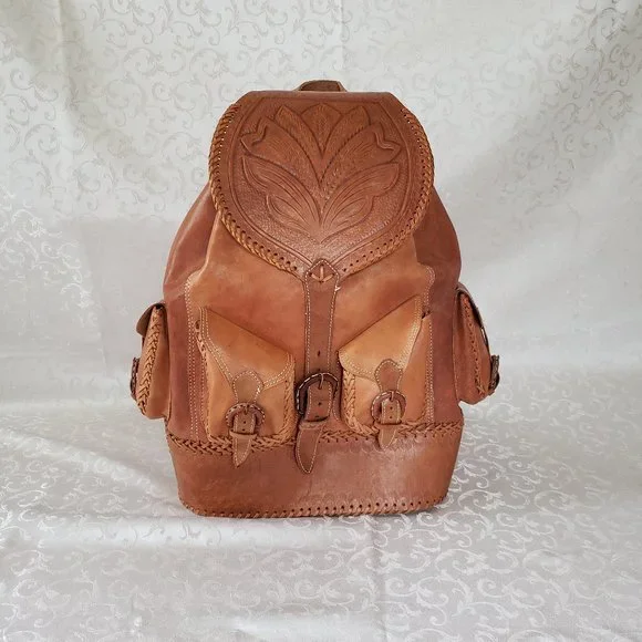 Large Genuine Leather Hand Tooled Backpack.  Handmade. Quality Craftsmanship - Picture 2 of 13